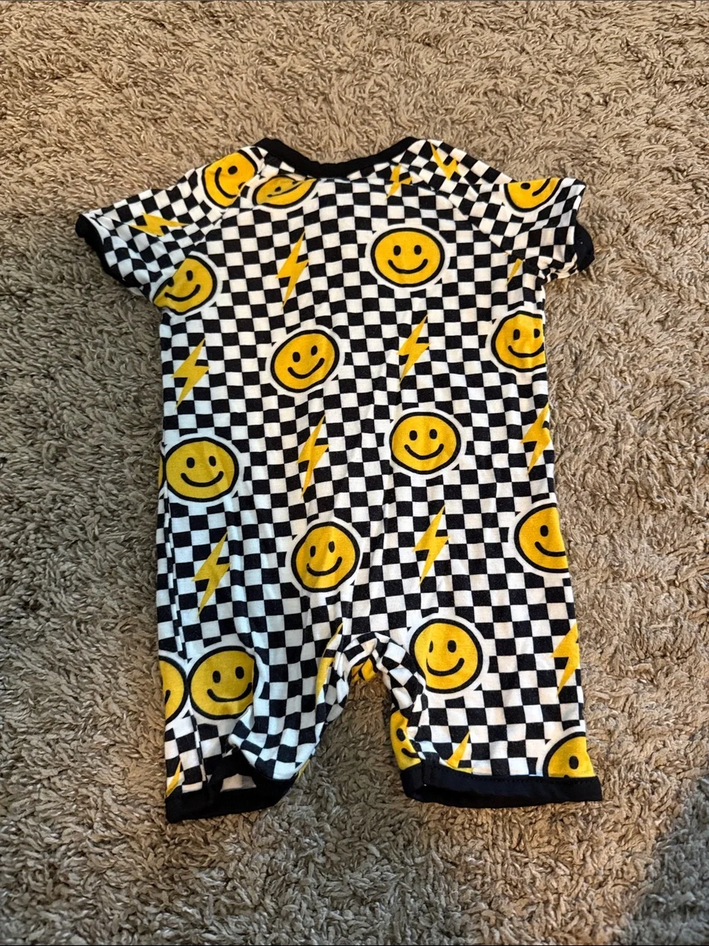 Checkerboard Smiley Zip One-Piece Romper - Black, White & Yellow